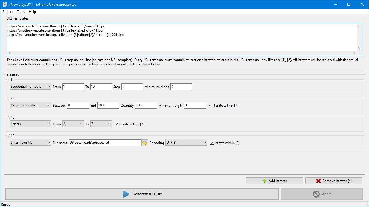 Extreme URL Generator main window