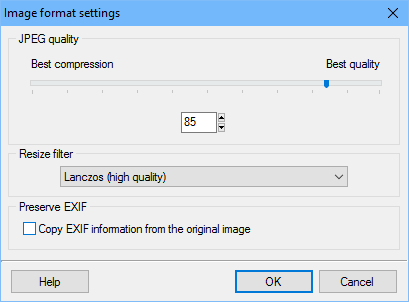 Resized image format settings