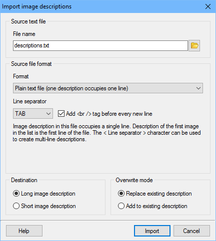 Import image descriptions from a text file