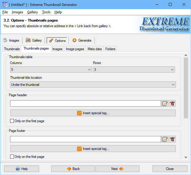 Web photo gallery thumbnails (or index) pages options