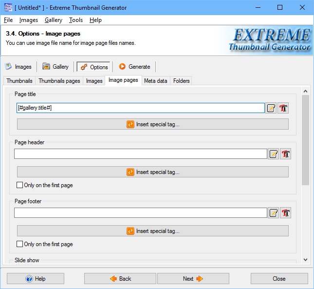 Web photo gallery image pages settings