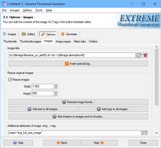 Web photo gallery image settings