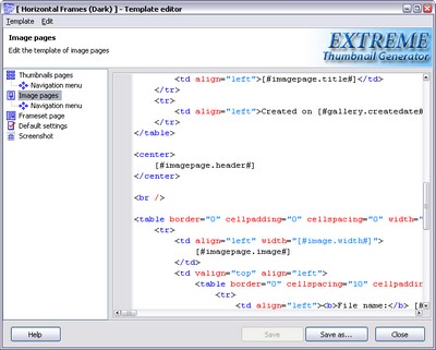Gallery template editor window